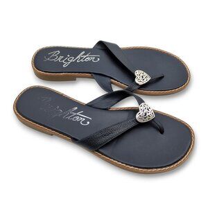 Brighton Orla Black Leather Heart Flip Flop Sandals Size 8M Made in Brazil